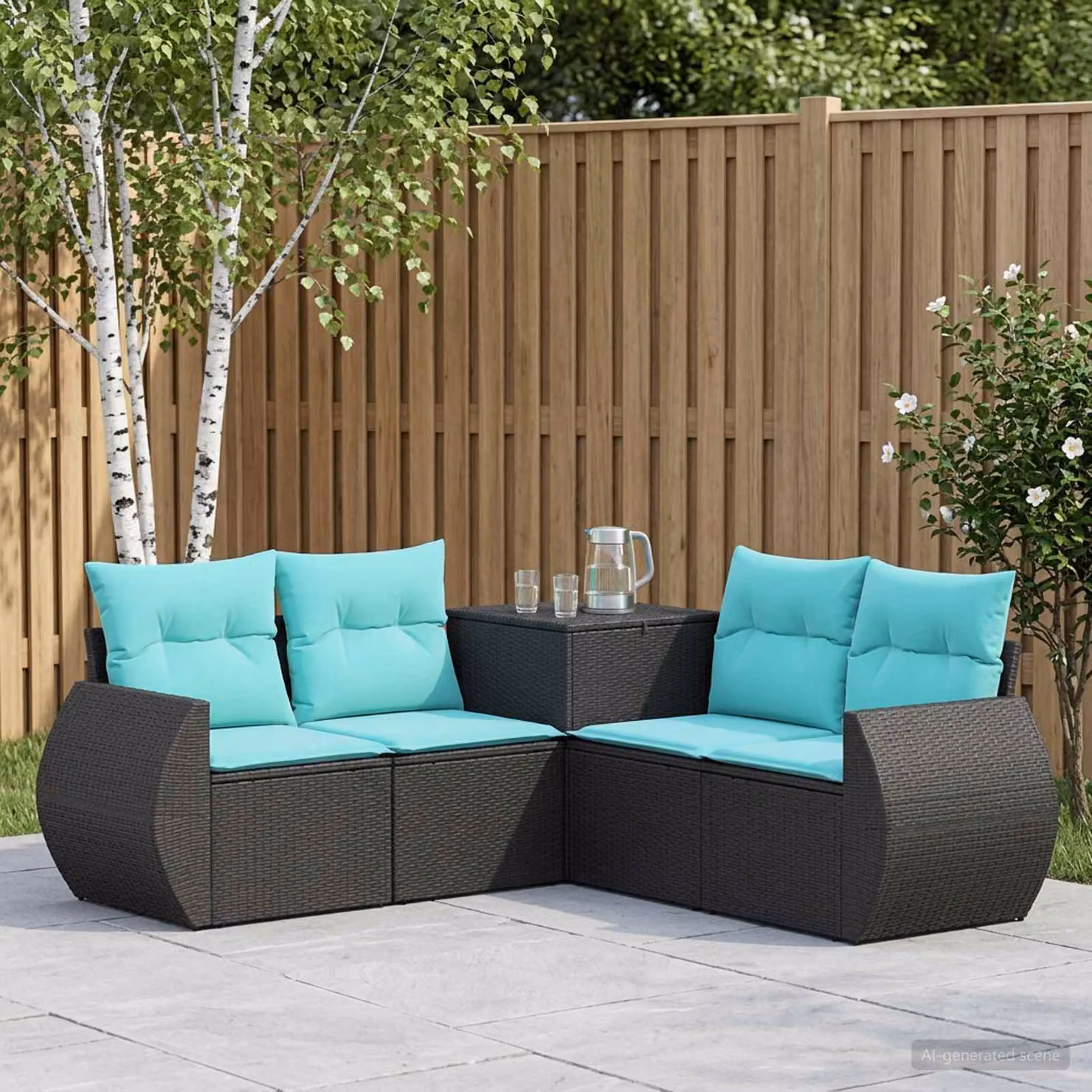 Set di divani da giardino vidaXL a forma di L con cuscini, nero e blu, in polyrattan e metallo
