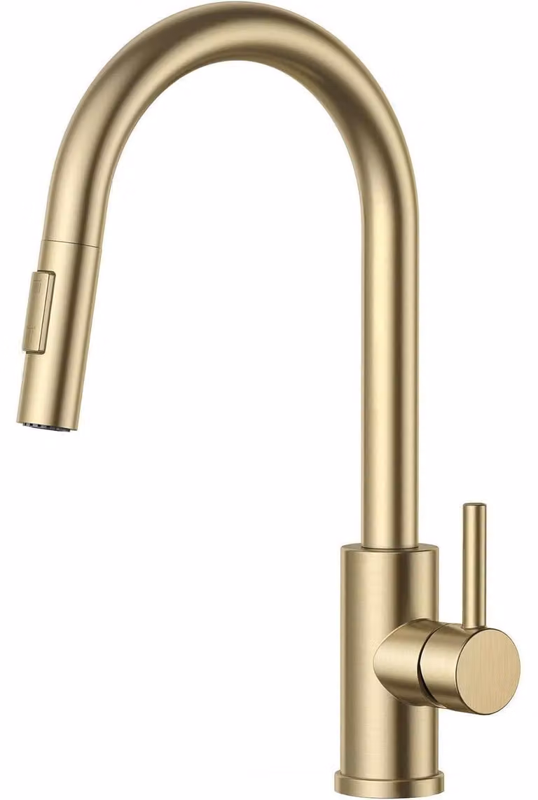 Miscelatore da cucina con doccetta estraibile, design ad arco alto, girevole a 360°, finitura oro spazzolato