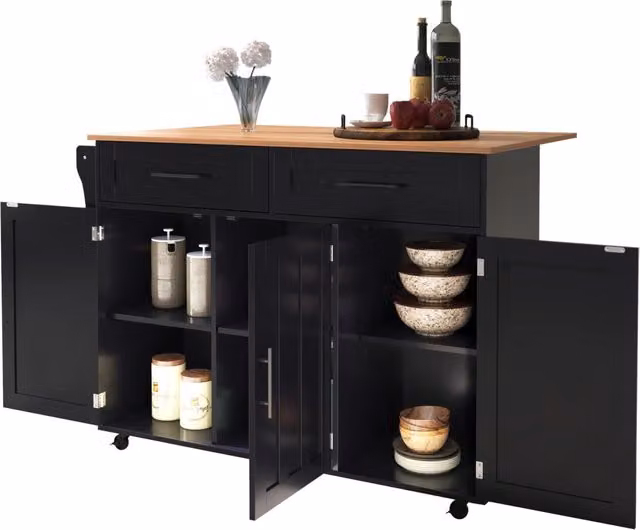 Isola cucina con ruote e piano ribaltabile 129 x 46 x 91,5 cm in MDF nero e legno naturale