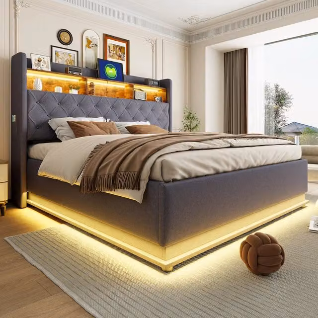 Letto contenitore Mivray imbottito in lino grigio con LED multicolore, porta USB e struttura in metallo, L/P/H: 180 x 200 x 113 cm
