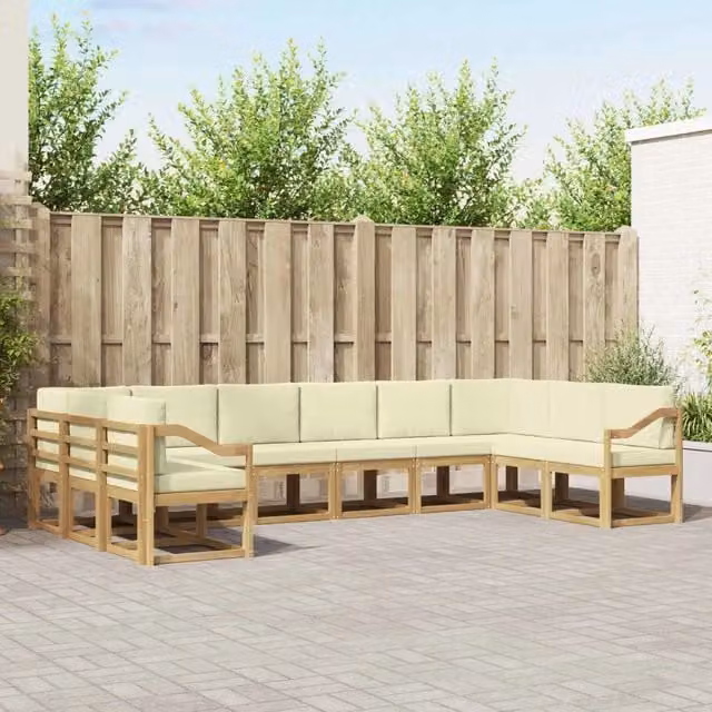 Set di divani da esterno a L vidaXL in legno di acacia con cuscini Bianchi e Beige