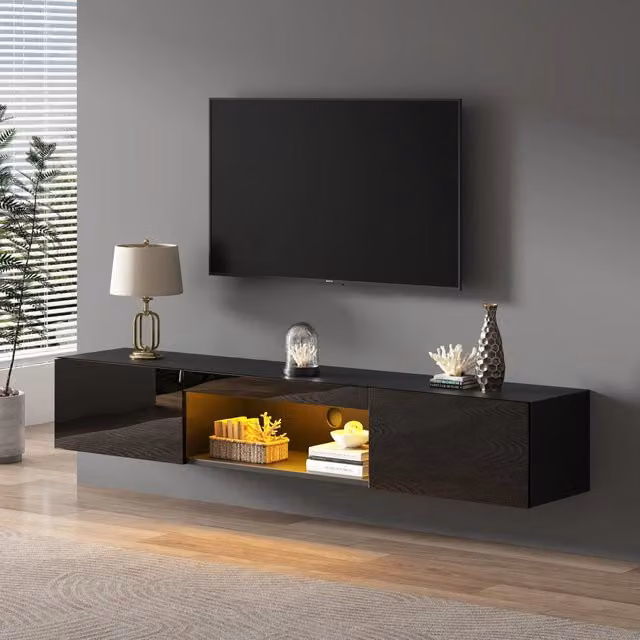 Mobile porta TV con LED e 2 ante, 2 vani aperti, per soggiorno, in truciolare e MDF, nero, 160 × 31 × 22 cm