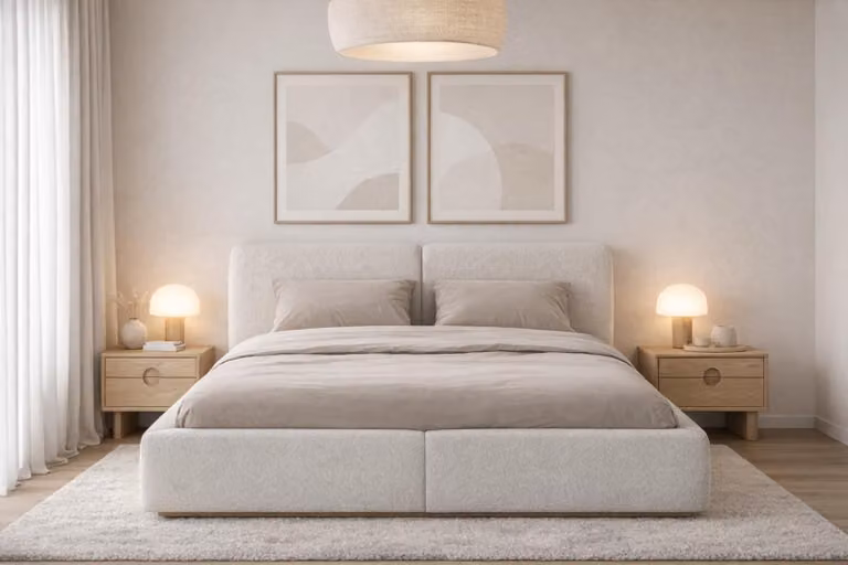 Lussuoso set da camera da letto in beige: letto matrimoniale, comodini in legno, 3 pezzi