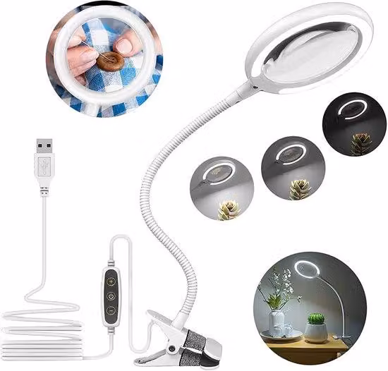 Lampada da tavolo con lente d'ingrandimento LED Unyqoos®, 3x, con morsetto – 28 LED, collo di cigno regolabile da 35,5 cm, lampada da tavolo e lente d'ingrandimento 2-in-1, alimentata tramite USB per lavori di precisione