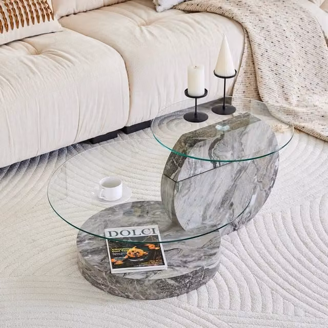 Tavolino basso fisso a due livelli con piano in vetro e base effetto marmo grigio diametri 50 e 70 cm