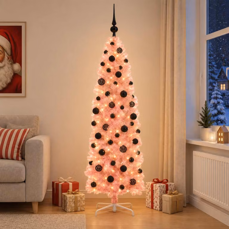 Albero di Natale artificiale, sottile, con decorazioni natalizie, altezza 180 cm