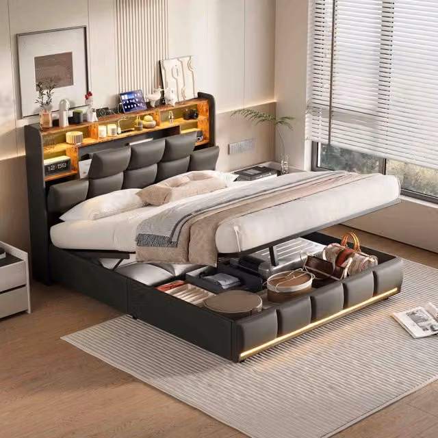 Letto Matrimoniale 140x190 cm; Letto Contenitore Idraulico Imbottito; Luci LED e Porta USB; Struttura Letto in PU; Nero; Senza Materasso