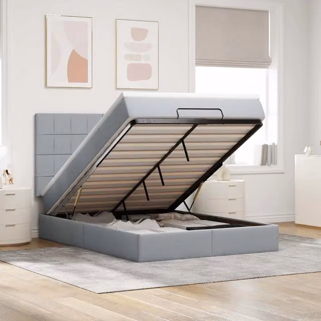Letto con contenitore a sollevamento vidaXL in tessuto grigio e bianco con materasso 140 x 190 cm