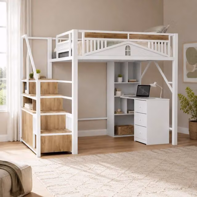 Letto a soppalco in metallo con scala contenitore; 140 x 200 cm; bianco