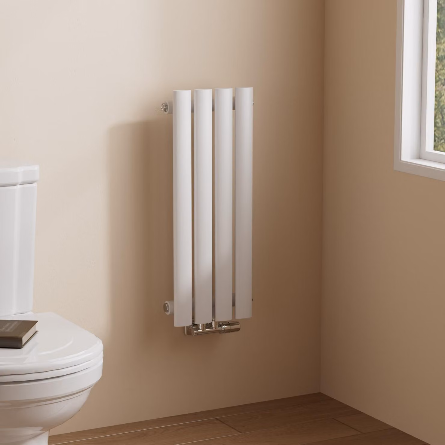 Radiatore tubolare di design EMKE per il funzionamento ad acqua calda con attacco centrale verticale ovale monostrato 177 watt 24 cm x 60 cm bianco senza elemento riscaldante