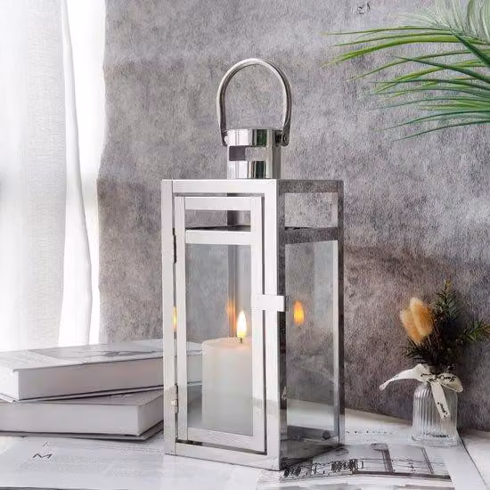 Lanterne decorativa in acciaio inossidabile Unyqoos®, 30 cm – Lanterna da appendere o da appoggio, color argento, con vetri temperati, dimensioni 12,5x12,5x30 cm, ideale per interni ed esterni