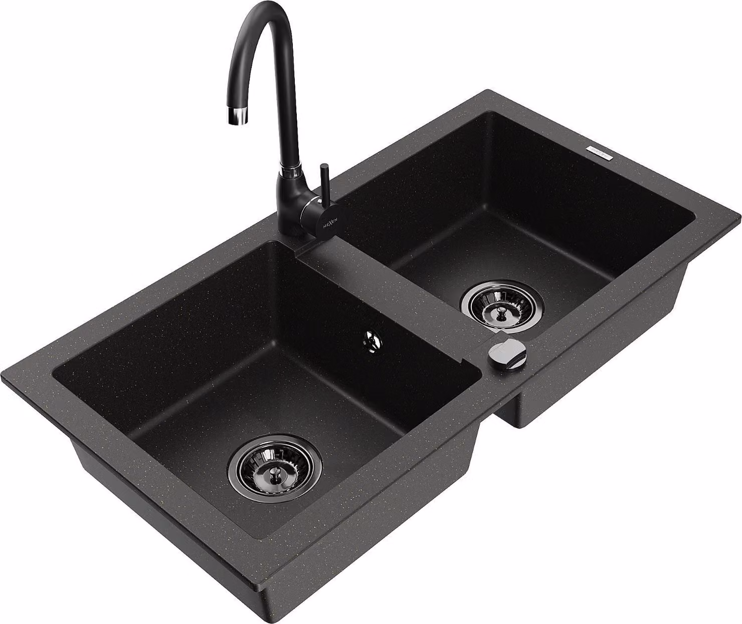 Mexen Mario lavello in granito a 2 vasche con rubinetto da cucina Telma, nero/oro - 6504-75-670200-70-B