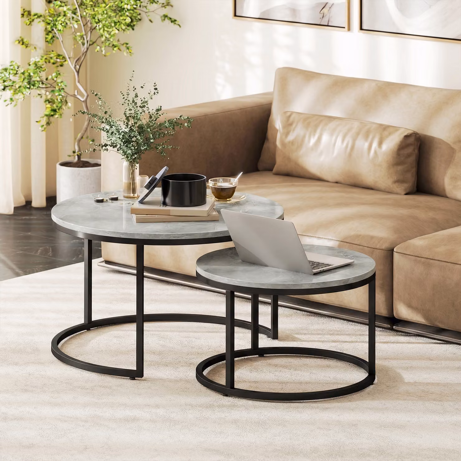 Set di 2 tavolini da salotto rotondi HOMCOM con piano effetto marmo grigio e struttura in metallo moderno – 2