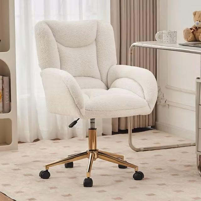 Sedia da ufficio girevole Minimal in velluto bianco con gambe in metallo oro e altezza regolabile – 1