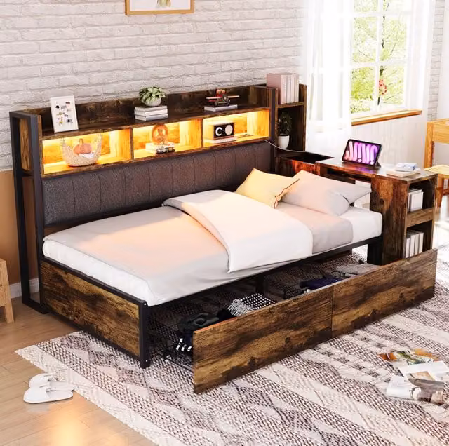 Letto 90x200 cm effetto legno – contenitore, scrivania integrata, senza materasso
