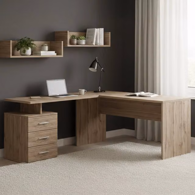 DMORA Scrivania Angolare Moderna in Legno Marrone Rovere L: 180 cm, P: 60 cm, H: 75 cm