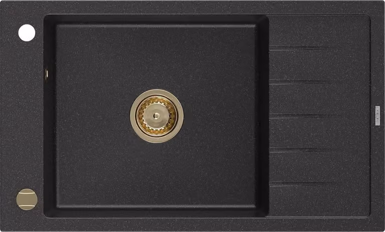 Mexen Elias lavello in granito con 1 vasca e gocciolatoio 795 x 480 mm, nero/argento metallico, sifone dorato - 6511791005-73-G