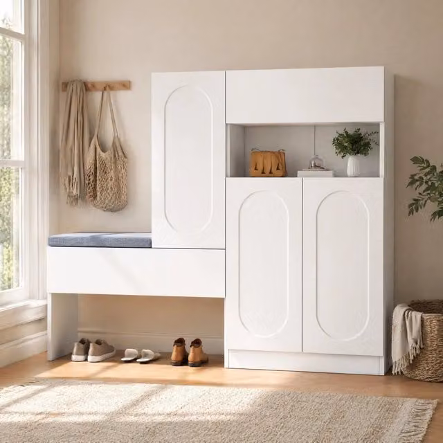Scarpiera 130.0x35.0x110.0 cm con panca 2 in 1 e ripiani regolabili in pannello truciolare bianco