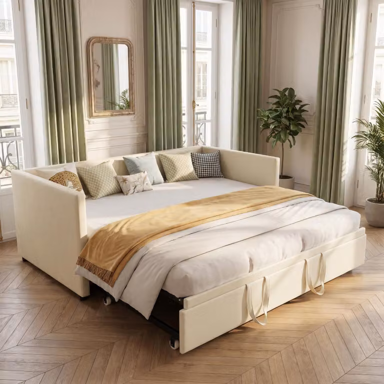 Divano letto INONEFT, 90/180 x 200 cm, divano letto trasformabile in letto singolo o matrimoniale, con rete a doghe, imbottitura in velluto, colore beige, senza materasso