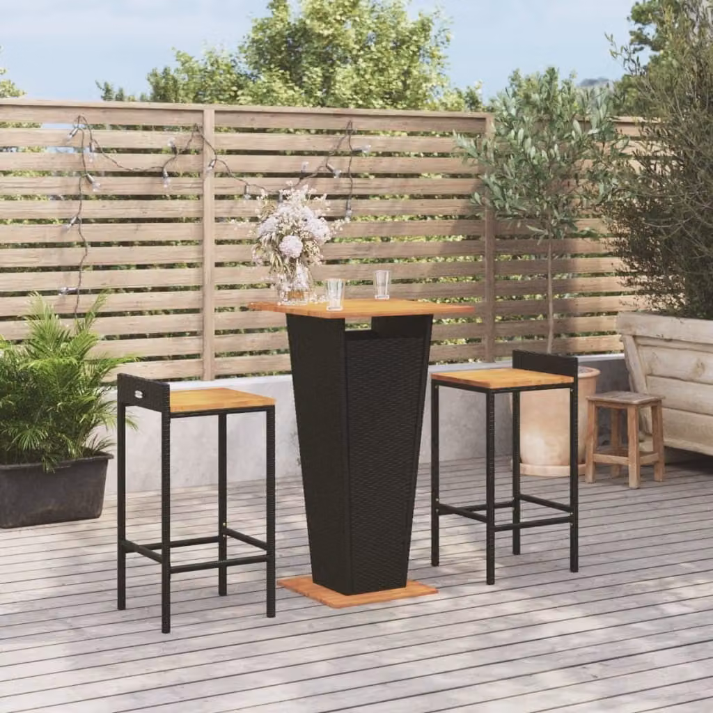 The Living Store Set bar da giardino da 3 pezzi in poly rattan nero e legno massiccio di acacia