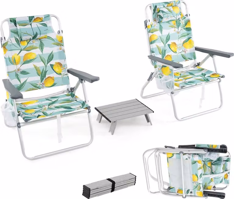 Sedie da spiaggia pieghevoli KOMFOTTEU con tavolino, sedie da campeggio con poggiatesta e schienale regolabile, sedia da spiaggia con sacca termica, portabevande e borsa portaoggetti, fino a 136/150 kg (Modello 2, verde)