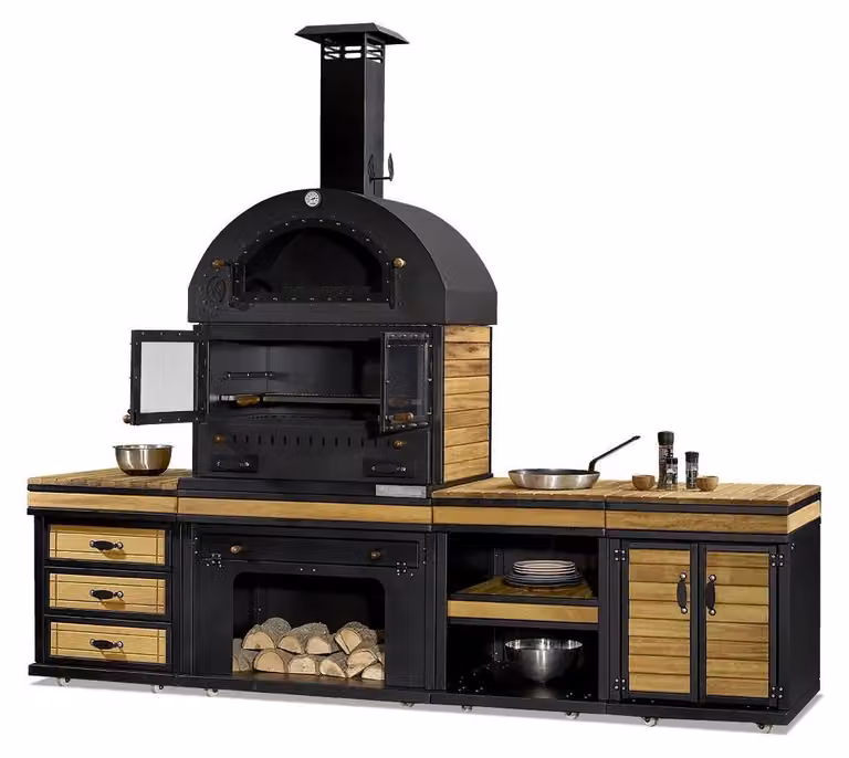 Außenküche in Schwarz aus Holz und Edelstahl elegant und modern