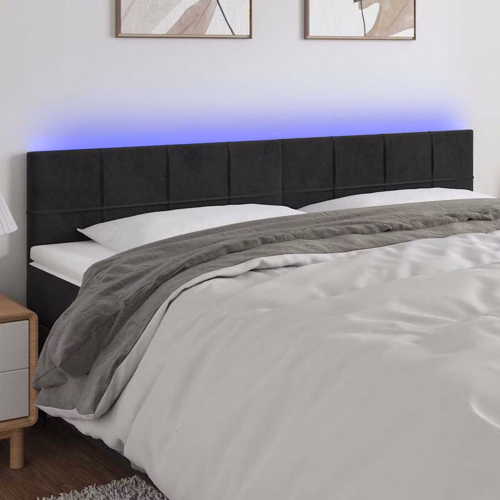 Testiera per letto vidaXL in velluto nero con illuminazione LED e porta di ricarica USB, L 200 cm, H 78-88 cm, P 5 cm