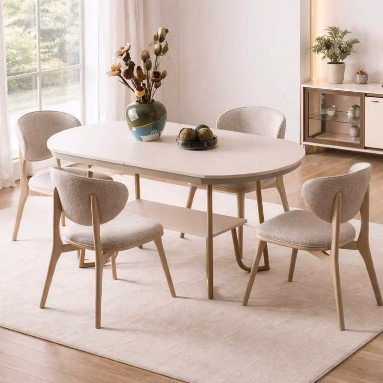 Tavolo da pranzo, sedie, stile moderno, colore beige, legno e metallo, cucina, nuovo, sala da pranzo