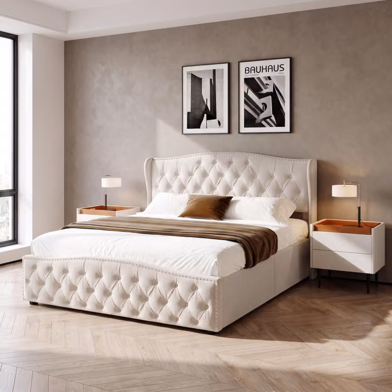 Letto imbottito INONEFT, 140x190 cm, con rete a doghe e testiera, letto box con sistema idraulico e spazio contenitore, struttura letto per adulti, in velluto, color beige