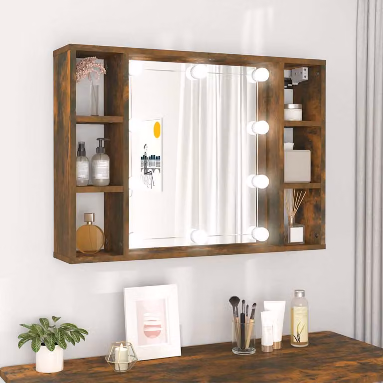 Armadietto da bagno con specchio e illuminazione LED vidaXL in rovere fumo marrone L: 76 cm, P: 15 cm, H: 55 cm