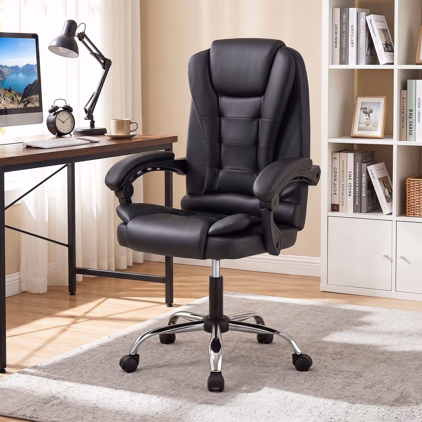 Sedia da ufficio ergonomica Costway con braccioli in pelle PVC o tessuto di lino, colore nero, ideale per home office