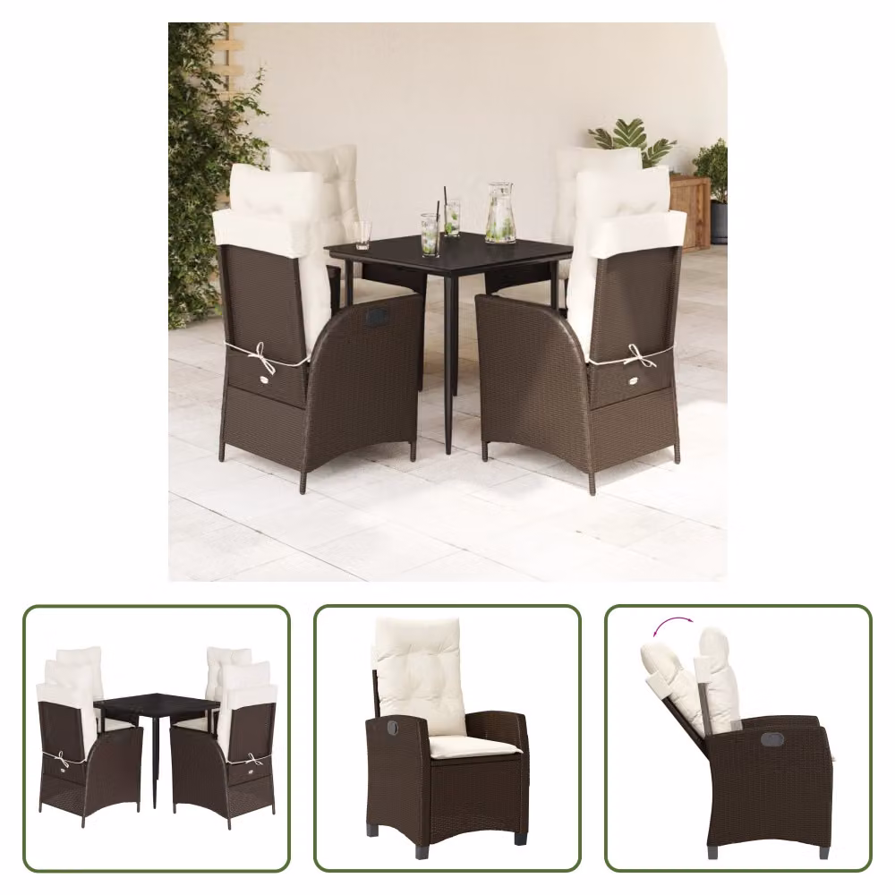 The Living Store Set da pranzo da giardino 5 pezzi con cuscini in polirattan marrone