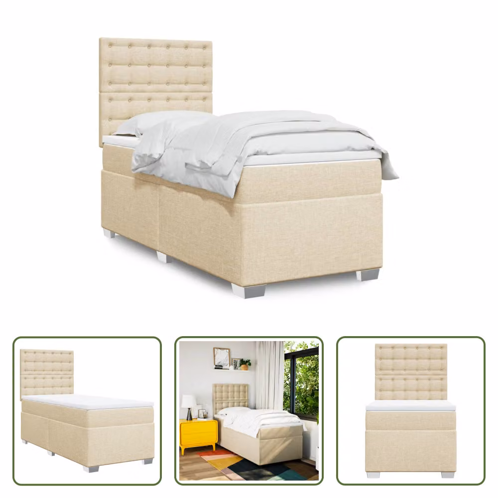 The Living Store Letto a molle con materasso crema 100x200 cm in tessuto