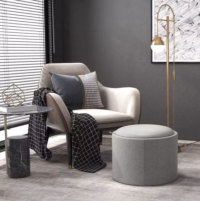 Pouf rotondo contenitore con vassoio ribaltabile grigio Ø56 cm