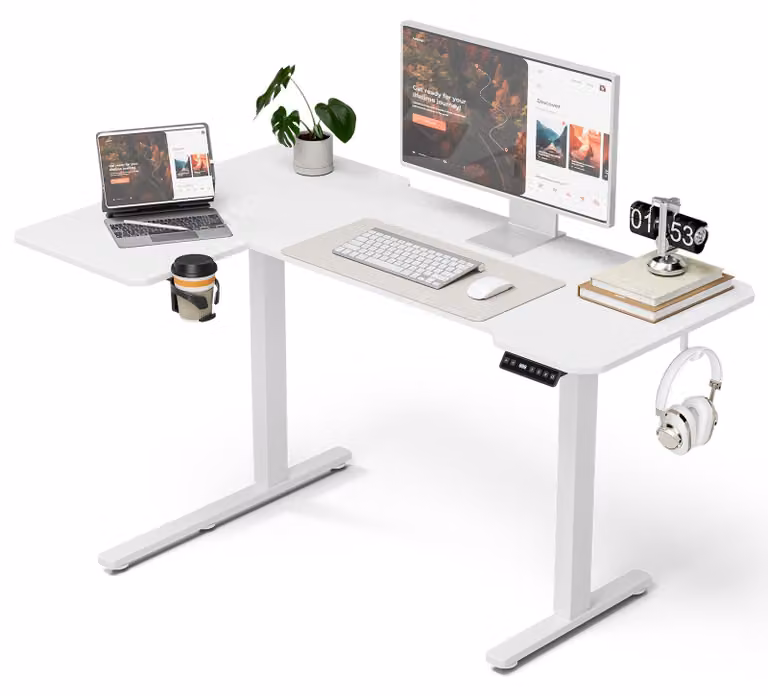 Scrivania ad angolo, regolabile elettricamente, con piano in legno bianco, ideale per l'ufficio domestico e il gaming