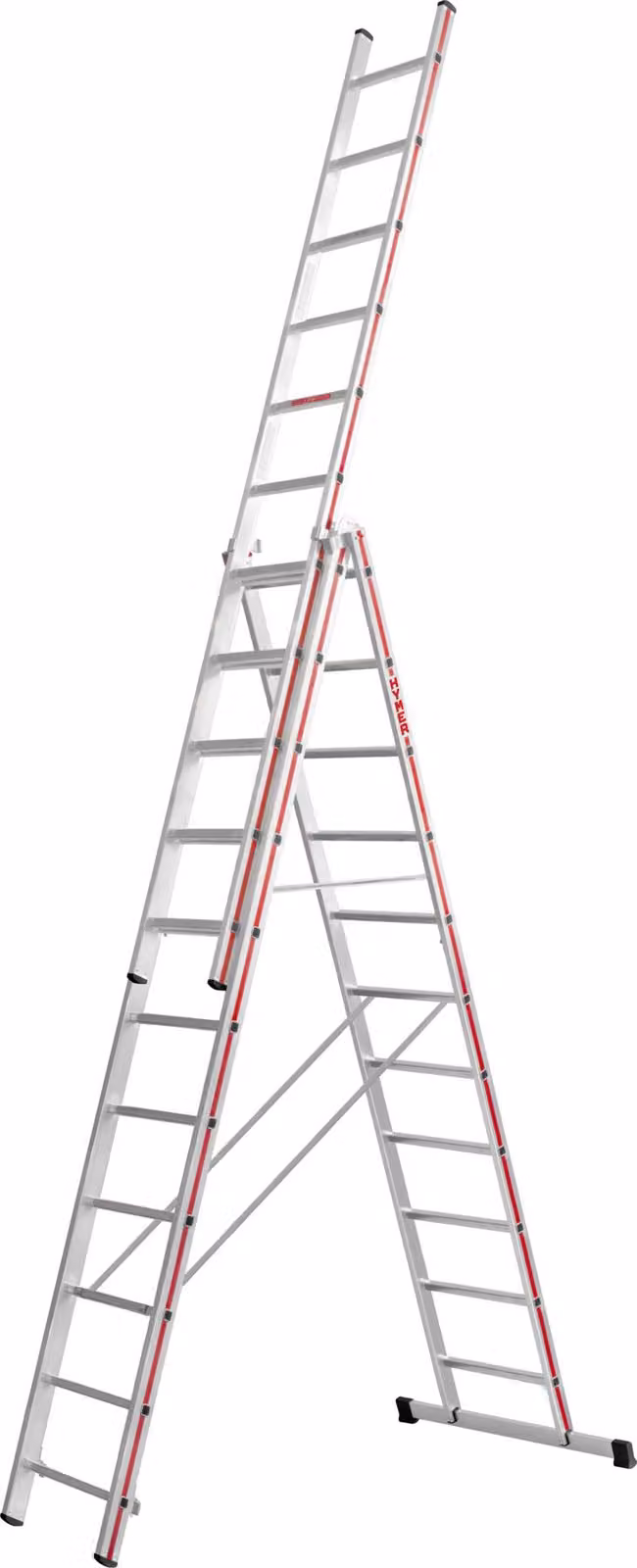 Scala multiuso Hymer, a tre sezioni, 3x11 pioli, altezza verticale 5,11 m, altezza di sbraccio 5,91 / 8,46 m, peso 21,8 kg