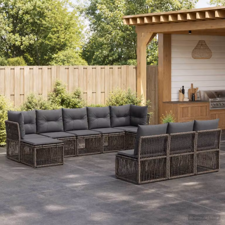 Set Divano da Giardino vidaXL 10 pz Grigio a Forma di U in Polyrattan con Cuscini e Struttura in Acciaio
