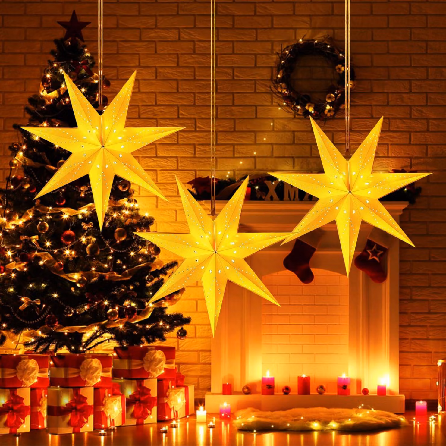 3 stelle di carta, 35/45 cm, con luci LED, decorazioni natalizie
