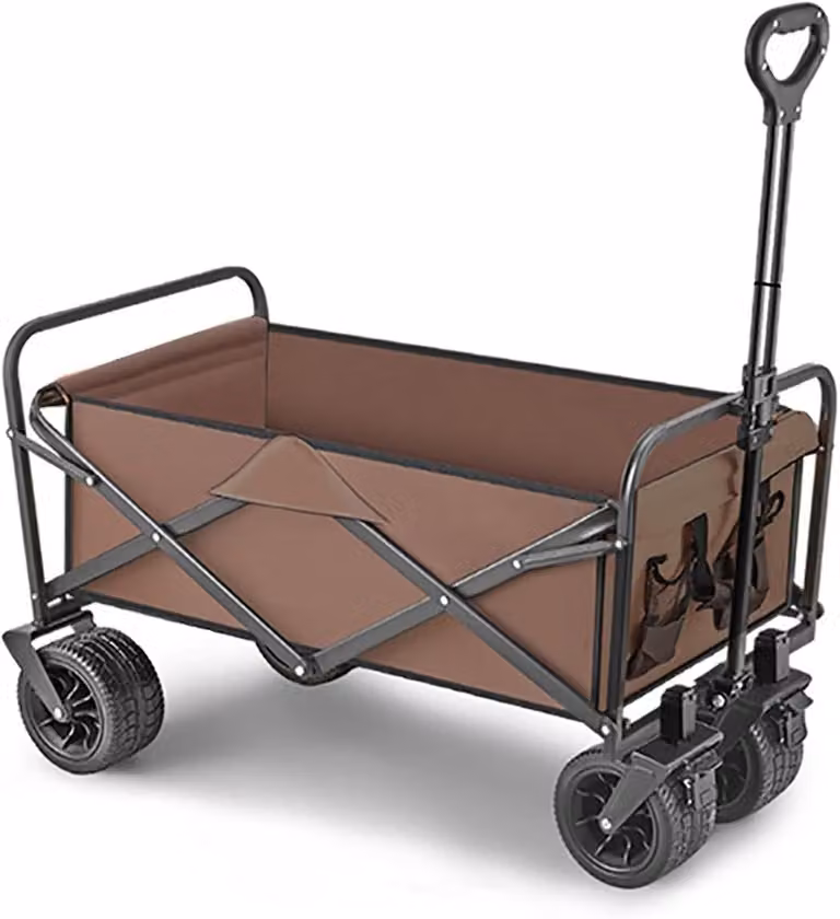Carrello pieghevole con grandi ruote, ideale per campeggio e giardinaggio