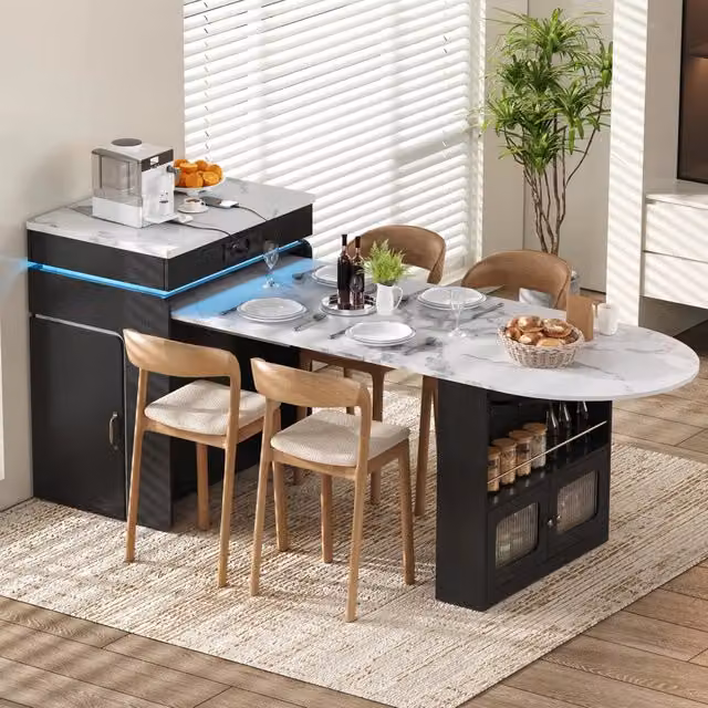 Tavolo da pranzo allungabile con 2 cassetti e ripiani regolabili, LED e prese, per cucina e sala da pranzo, nero