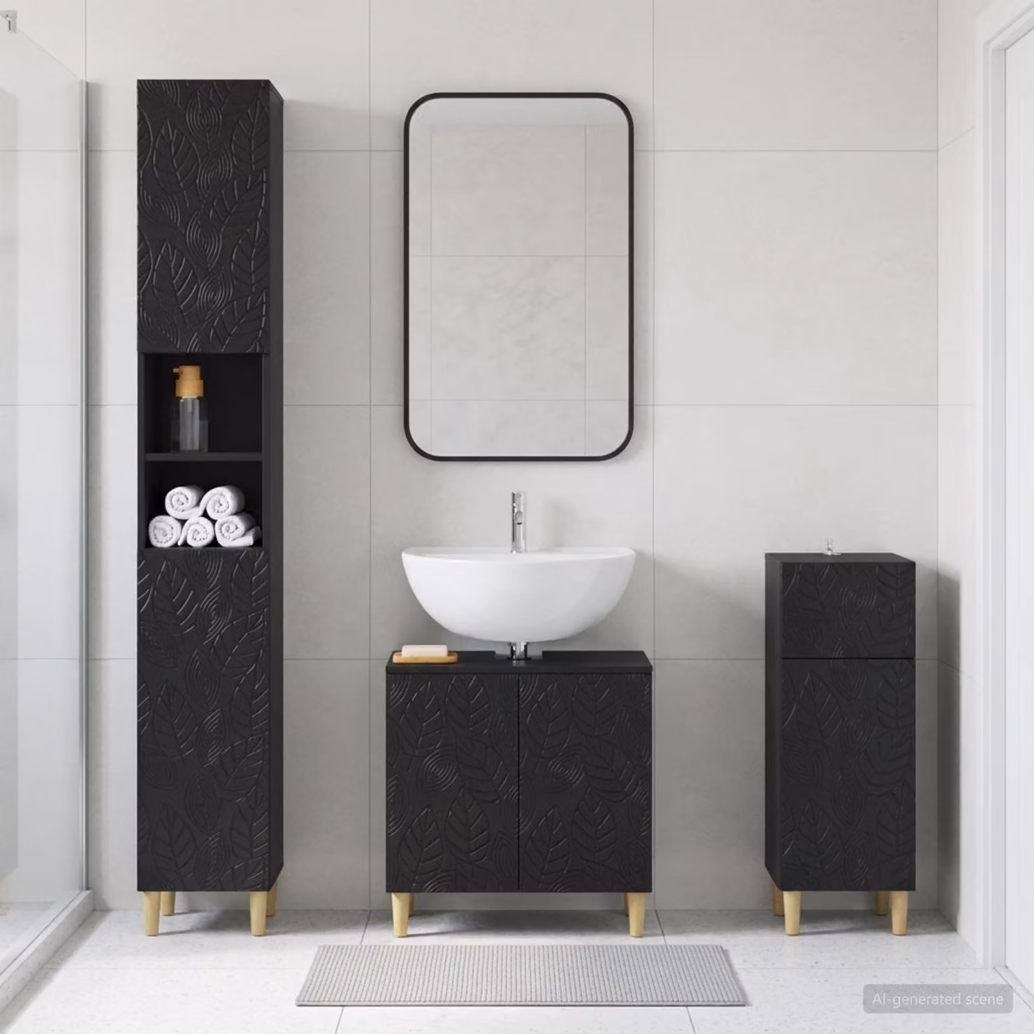 Set di armadietti da bagno vidaXL DELFT in 3 pezzi, colore nero opaco, con mobile lavabo, colonna alta e mobile laterale