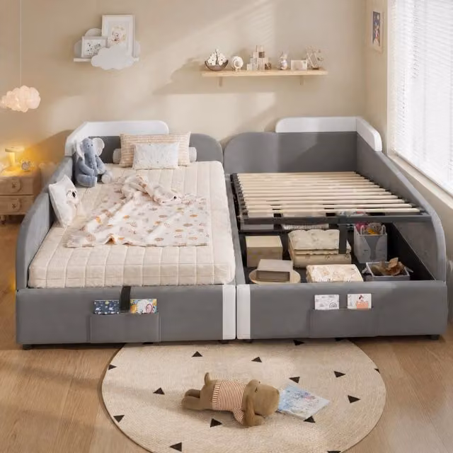 Letto imbottito 90x200 cm bianco e grigio in velluto con contenitore