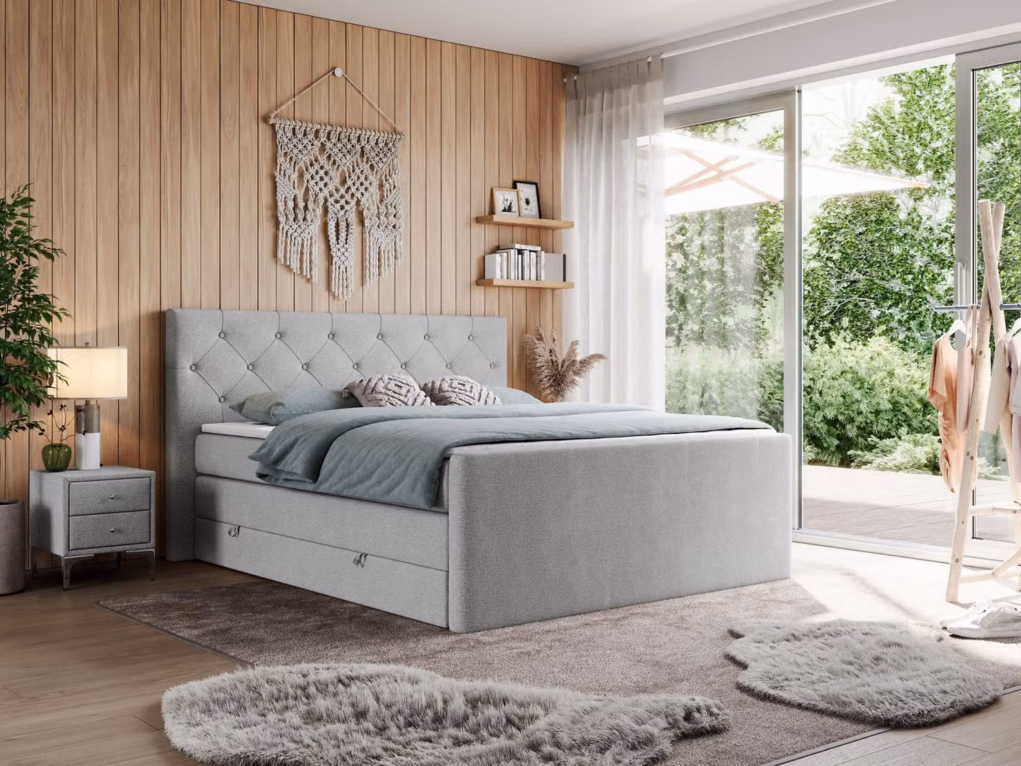 Letto matrimoniale con materasso Multipocket e coprimaterasso, letto boxspring con cassetti - KING VELEN - 160x200 cm - Grigio chiaro - H4