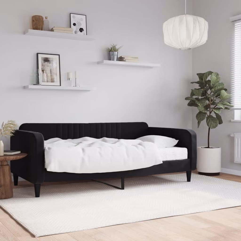 vidaXL Divano Letto in Velluto Nero con Materasso, L/P/H: 190 x 90 x 75 cm
