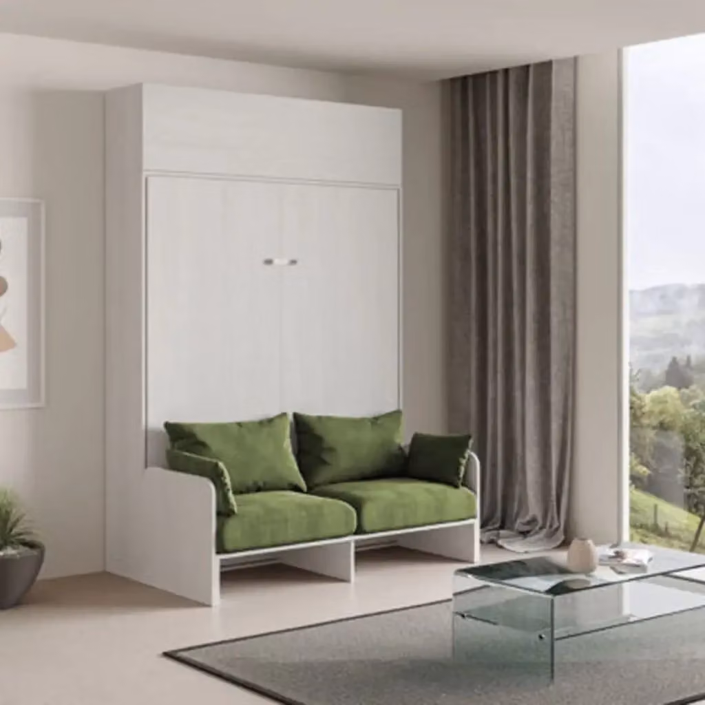 Letto matrimoniale a scomparsa Kentaro Itamoby con divano e pensile, Bianco Frassino e Verde – 2