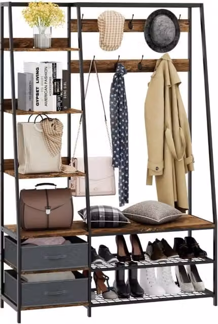 Mobile da ingresso con panca in stile industriale con 9 doppi ganci, colore marrone e nero, L/P/H: 122 x 40 x 180 cm