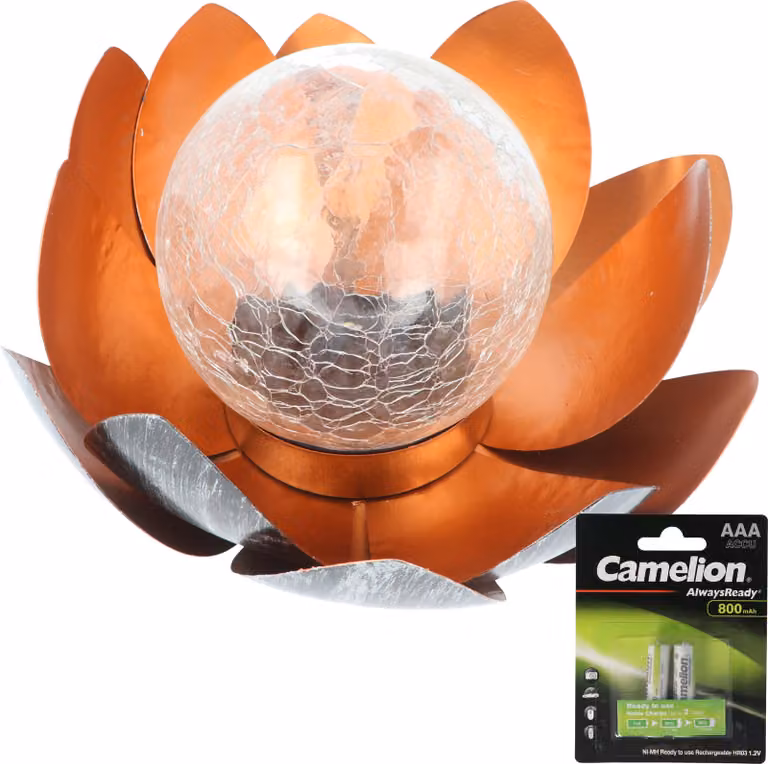Fiore di loto solare decorativo in metallo con globo di vetro - piacevole luce bianca calda - effetti luminosi da sogno - aspetto di vetro rotto con 2 batterie di ricambio