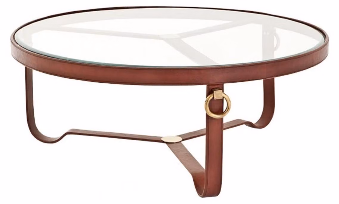 Tavolino da caffè rotondo di design "Casa Padrino", rivestito in vera pelle con applicazioni in ottone, diametro 100 cm, altezza 40 cm