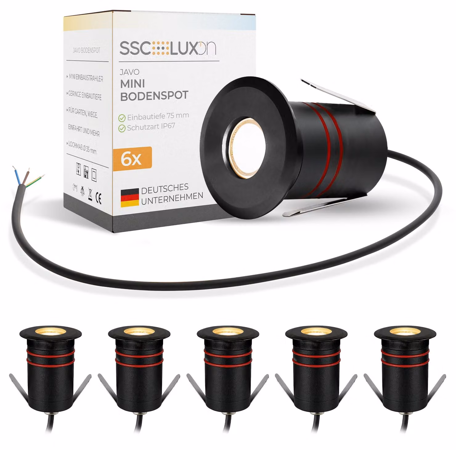 Set di 6 faretti LED da incasso, IP67, 230V, diametro 47mm, colore nero