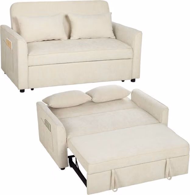 Divano letto convertibile 2 posti 3 in 1, clic clac in chenille beige 142 cm, schienale regolabile, 2 cuscini, salvaspazio e multifunzionale